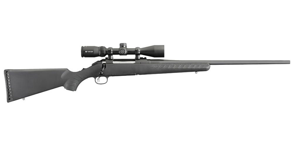 A black bolt-action rifle with a mounted scope, isolated on a white background.