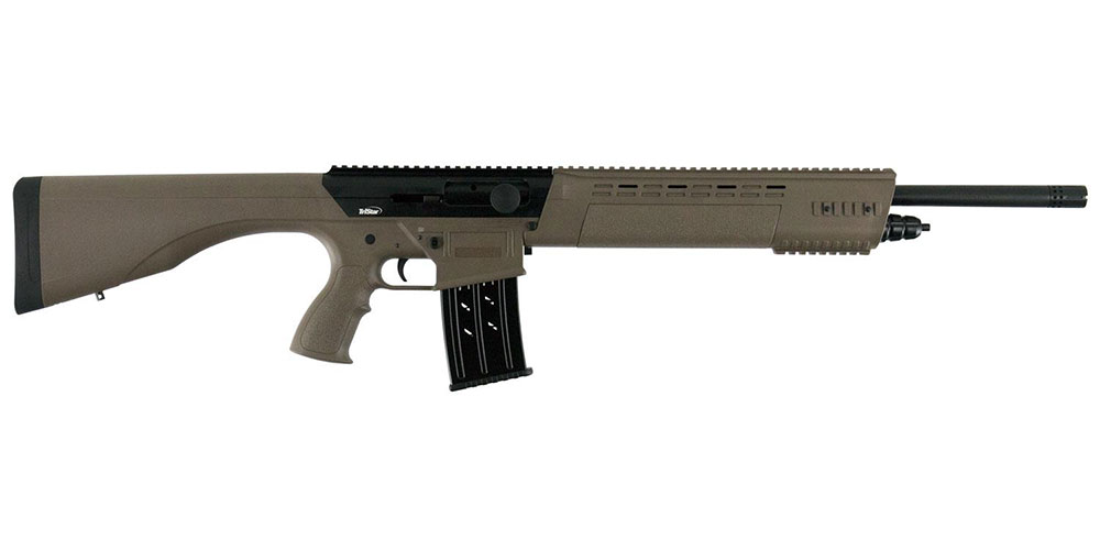 Side view of a modern semi-automatic rifle with a polymer stock and a detachable magazine, isolated on a white background.