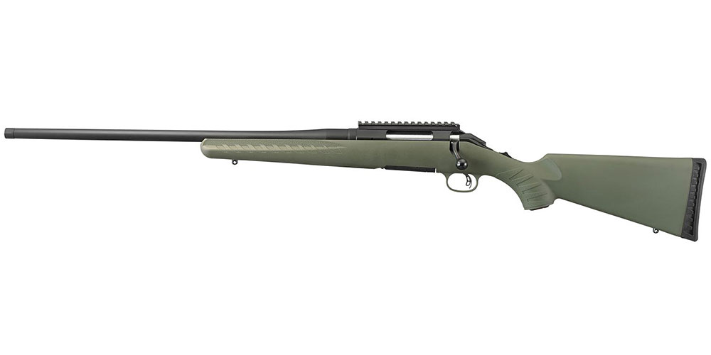 A bolt-action rifle with a green stock and long barrel, isolated on a white background.