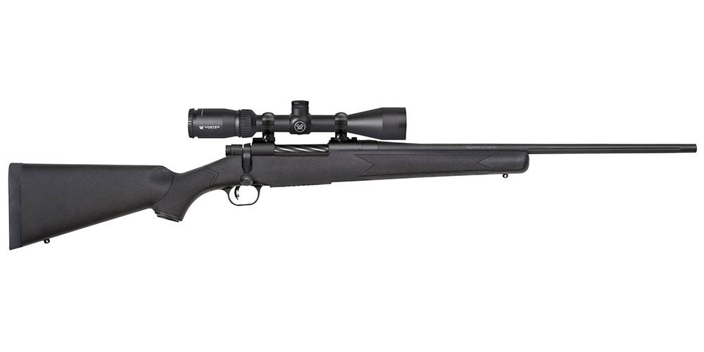A black bolt-action rifle equipped with a scope, isolated on a white background.