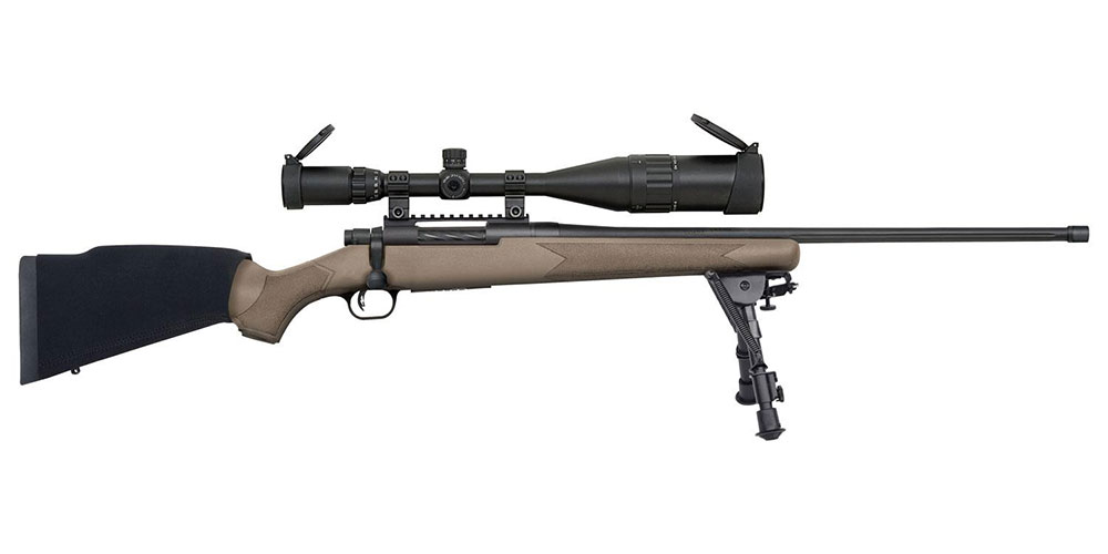 A side view of a bolt-action rifle with a mounted scope, featuring a black and tan stock.