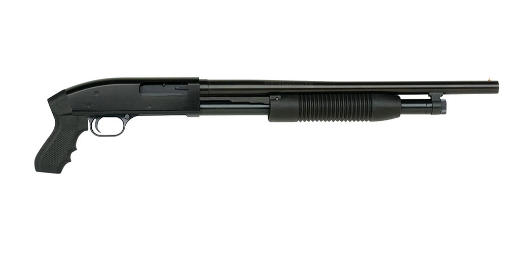 Black pump-action shotgun isolated on a white background.