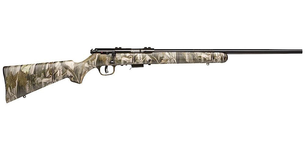 Camouflage hunting rifle with a scope mounted on top, isolated on a white background.