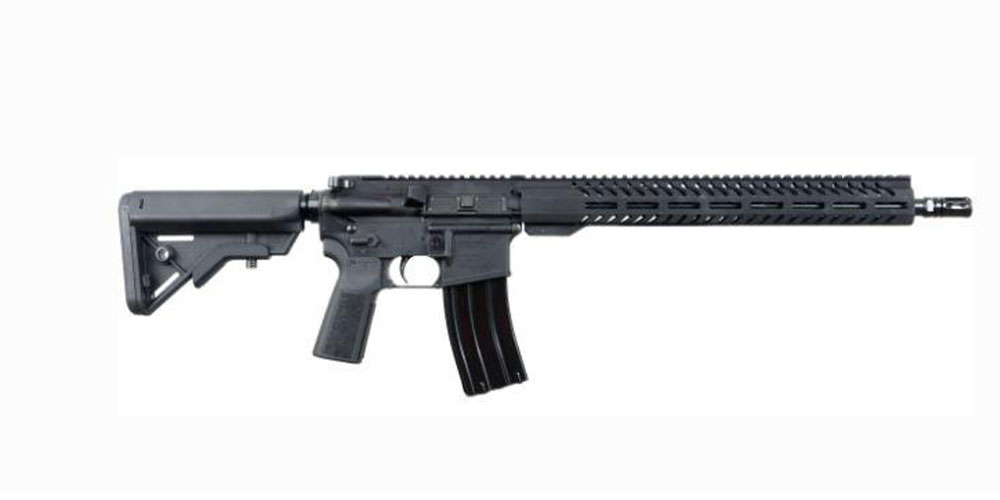 Side view of a modern black assault rifle with a telescopic stock and picatinny rail, isolated on a white background.