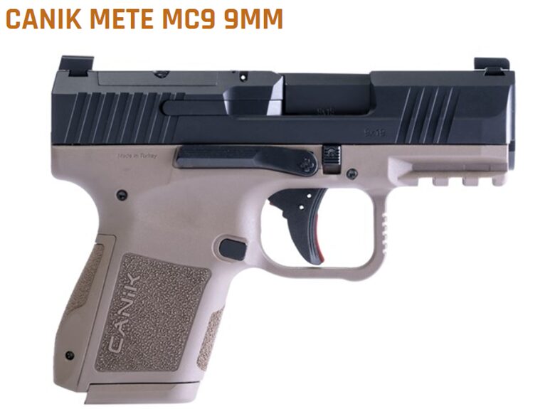 A canik mete mc9 9mm pistol with a gray frame and black slide, displayed on a white background.