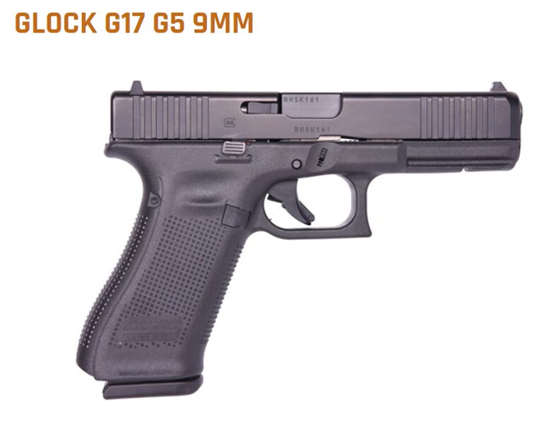 A glock 17 gen5 9mm pistol on a white background, showing its textured grip and slide markings.