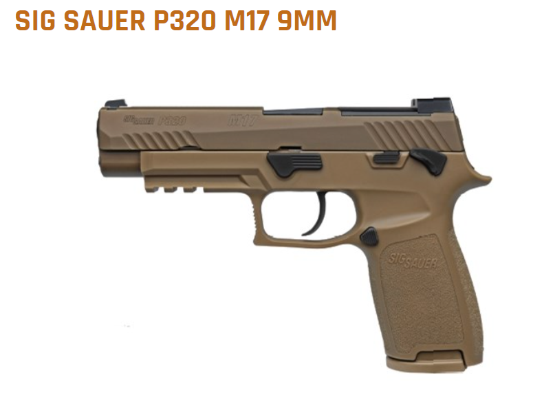 A sig sauer p320 m17 9mm pistol in tan color showcased against a light background.