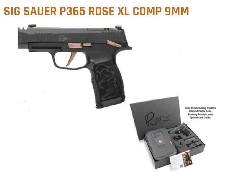 A sig sauer p365 rose xl comp 9mm pistol displayed with accessories including vaubanek limited rose safe, dummy rounds, and a quickstart guide.