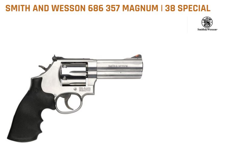 A smith and wesson 686 revolver, capable of firing .357 magnum and .38 special rounds, against a white background.