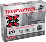 Box of winchester super-x 20 gauge rifled slugs with product details on packaging.