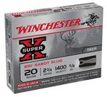 Box of winchester super-x 20 gauge rifled deer slugs with product details shown.