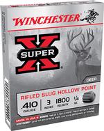 Box of winchester super-x .410 gauge rifled slug hollow point ammunition, featuring logo and image of a deer.