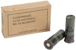 Cardboard box labeled "short range, 12-gauge shotshell, no 60 buckshot" next to two 12-gauge shotgun shells.