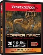 Box of winchester copper impact ammunition featuring an image of a deer on the front, labeled .50 cal sabot slug, with 20 rounds included.