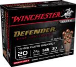 Box of winchester defender 20 gauge shotgun shells with copper-plated buckshot, displaying product details and branding.