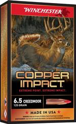 Box of winchester 6.5 creedmoor ammunition featuring an illustration of a deer in a forest setting, with the text "copper impact, extreme point, extreme impact" on it.