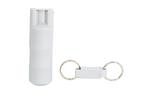 White usb flash drive with cap alongside a matching white keychain with two metal rings.