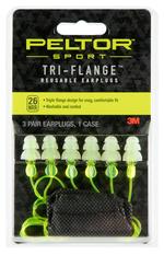Packaging of peltor sport tri-flange reusable earplugs by 3m, displaying three pairs of green earplugs and one case, featuring a noise reduction rating of 26 decibels.