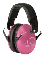 Pink noise-cancelling headphones with a black leather headband and the walker's logo on the ear cups.