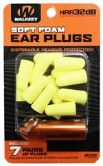 Packaging of "mack's soft foam ear plugs" with seven pairs of yellow earplugs and an orange aluminum carrying case.