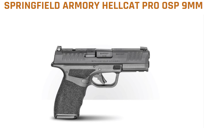 Springfield armory hellcat pro osp 9mm pistol displayed against a white background.