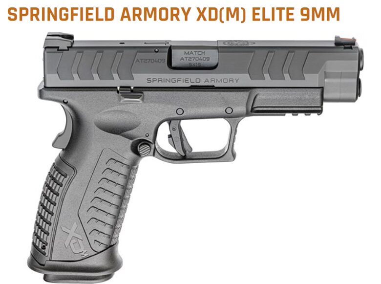 Springfield armory xd(m) elite 9mm pistol on a light background, showcasing detailed design and markings.