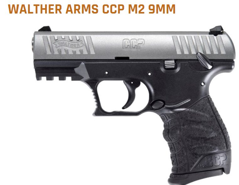 A walther arms ccp m2 9mm pistol with a black textured grip and silver slide, displayed against a plain background.