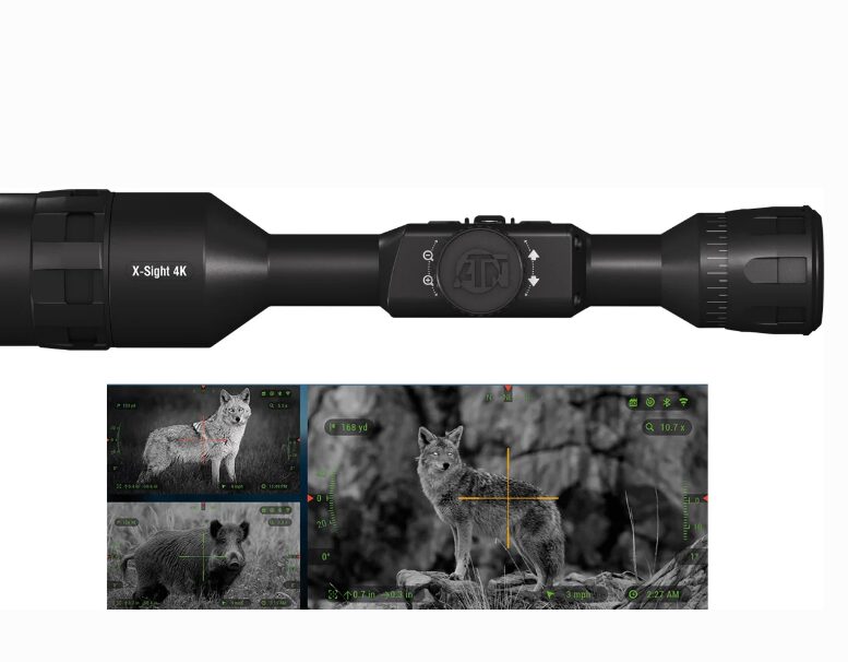 Night vision rifle scope displaying various views of a coyote on its screen, labeled with coordinates and distance measurements.