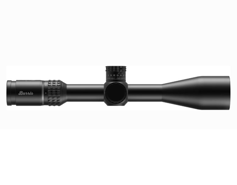 Black burris rifle scope isolated on a white background.