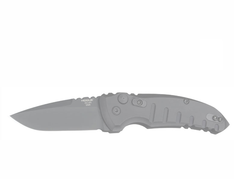 A gray tactical folding knife with a partially serrated blade and textured handle, positioned on a plain light background.