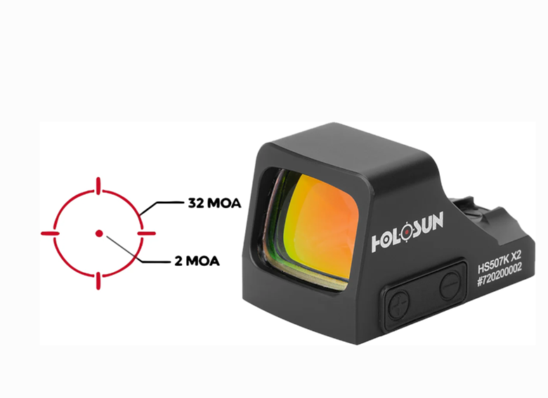 A holosun hs507k x2 reflex sight featuring a red dot reticle with 32 moa circle and 2 moa dot, shown isolated on a white background.