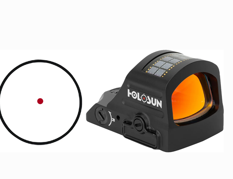 Red dot sight target view next to a holosun reflex sight on a white background.