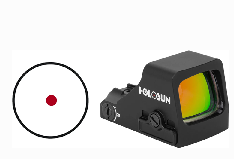 A holosun reflex sight next to a graphic of a simple black circle with a red dot at the center.