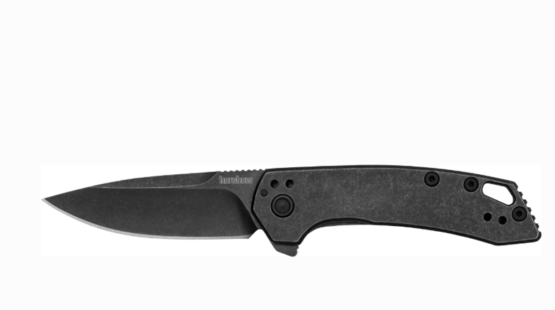A black folding knife with a partially serrated blade and a textured handle, isolated on a white background.