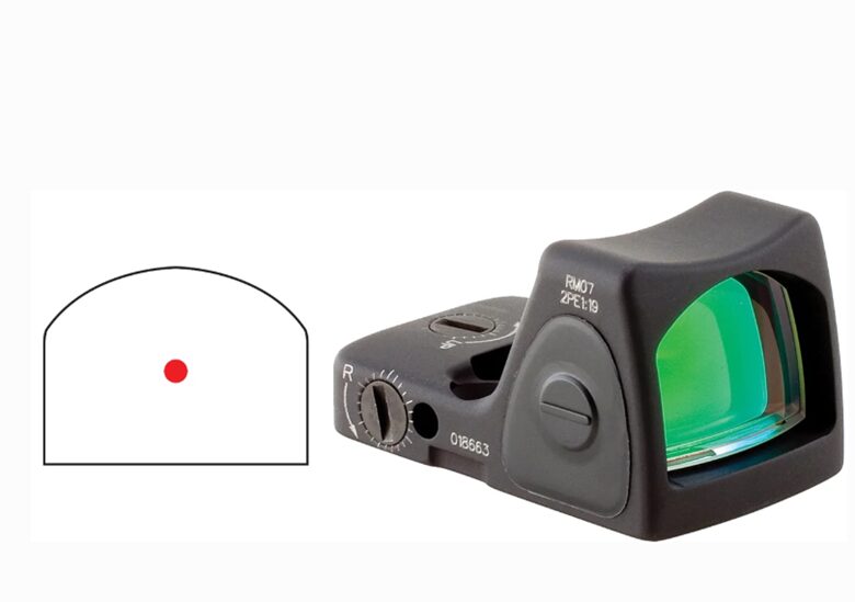 Red dot sight device isolated on a white background, showing detailed view of the optic and adjustment knobs.