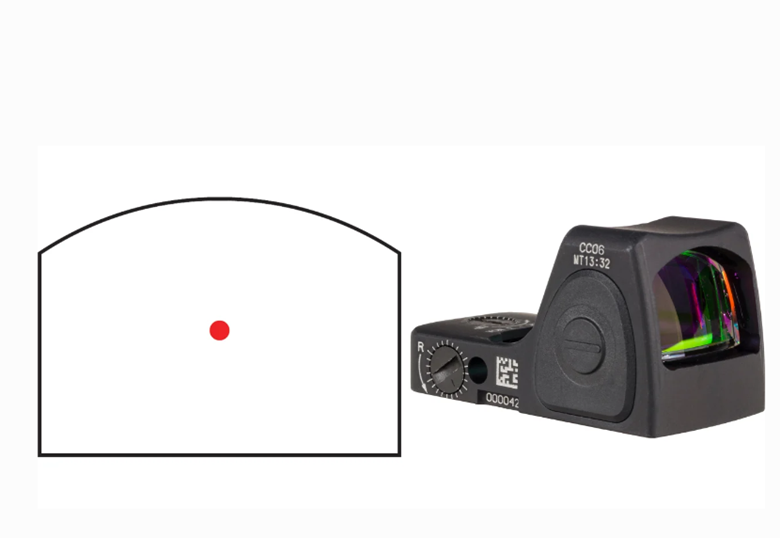 Diagram showing a red dot inside a simple outline of a polygon beside a black rangefinder with visible settings and display.