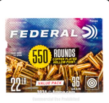A box of federal .22 lr caliber, 550 copper-plated hollow point rounds, displayed with colorful packaging.
