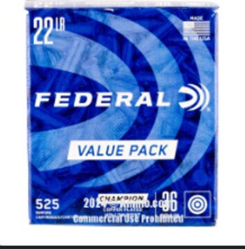 Blue and white packaging labeled "federal value pack," containing 525 .22 lr champion ammunition rounds.