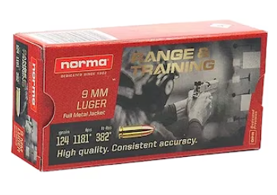 A box of norma 9mm luger range and training ammunition, displaying a bullet and its specifications.