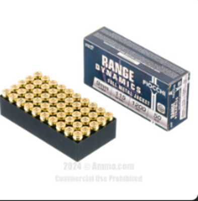 A box of .45 acp range ammunition next to an open tray filled with bullets, isolated on a white background.