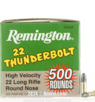 A box of remington thunderbolt .22 long rifle ammunition containing 500 round nose bullets.